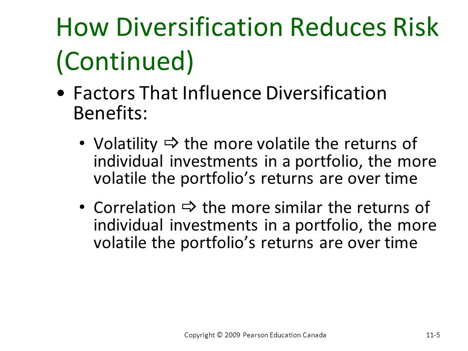 How Diversification Reduces Risk (Continued) Factors That Influence Diversification Benefits: Volatility  the more volatile the returns of individual investments in a portfolio, the more volatile the portfolio’s returns are over time Correlation  the more similar the returns of individual investments in a portfolio, the more volatile the portfolio’s returns are over time 11-5Copyright © 2009 Pearson Education Canada