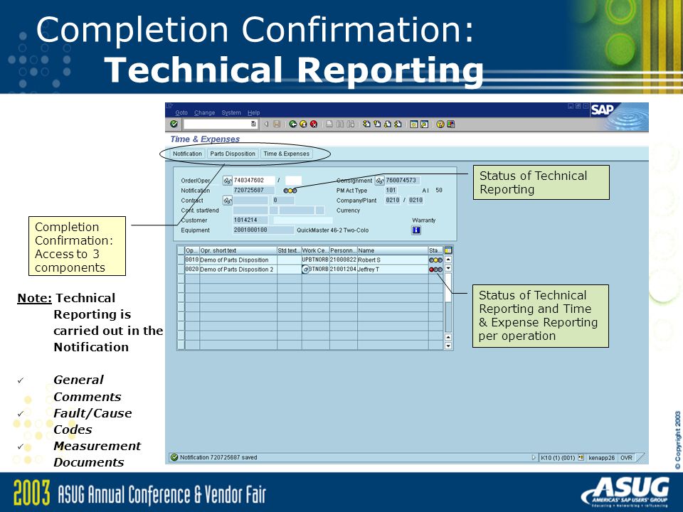 Completion Confirmation: Technical Reporting Note: Technical Reporting is carried out in the Notification General Comments Fault/Cause Codes Measurement Documents Completion Confirmation: Access to 3 components Status of Technical Reporting Status of Technical Reporting and Time & Expense Reporting per operation