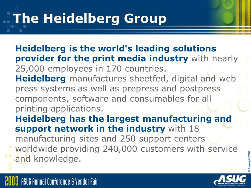 Heidelberg is the world s leading solutions provider for the print media industry with nearly 25,000 employees in 170 countries.