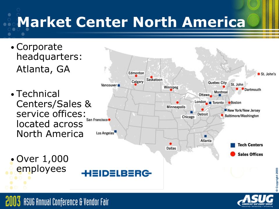 Corporate headquarters: Atlanta, GA Technical Centers/Sales & service offices: located across North America Over 1,000 employees Market Center North America
