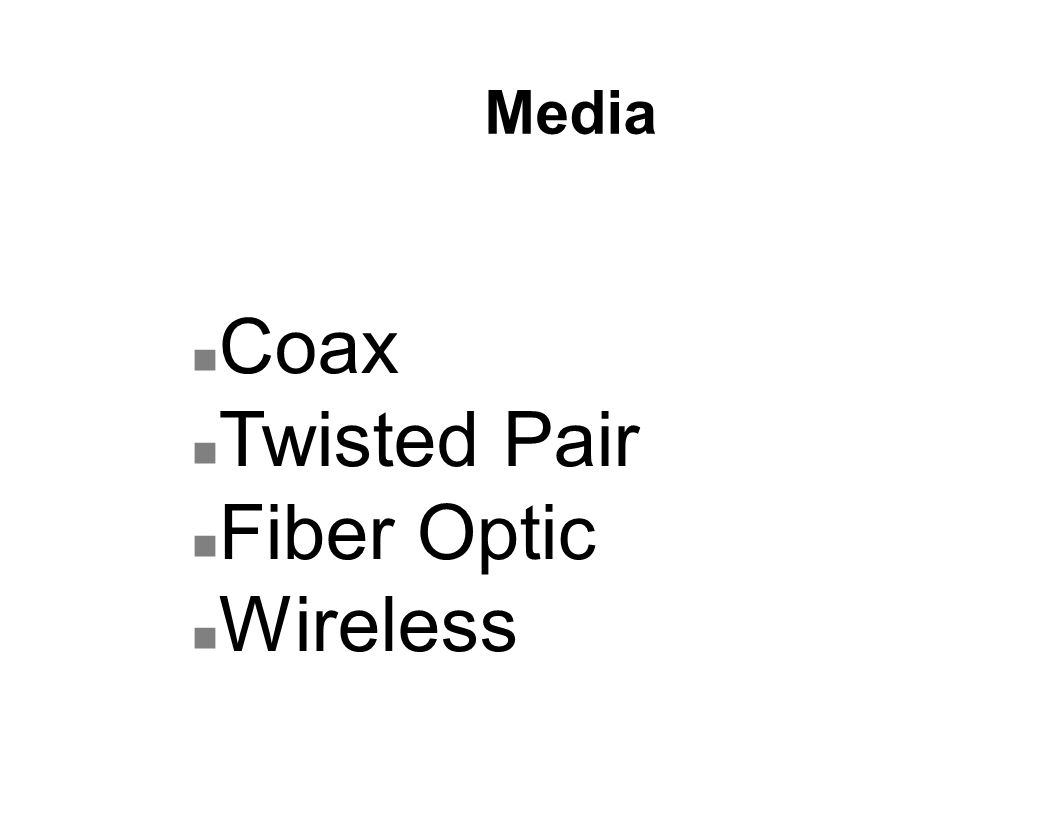 Media n Coax n Twisted Pair n Fiber Optic n Wireless
