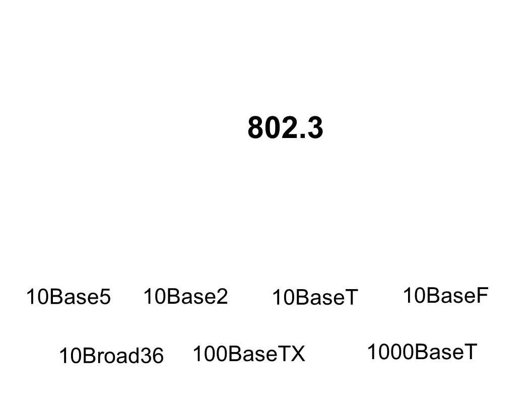 Base5 10Base2 10BaseT 10BaseF 10Broad36 100BaseTX 1000BaseT