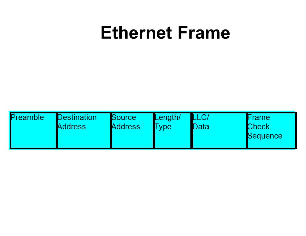 Ethernet Frame PreambleDestination Address Source Address Length/ Type LLC/ Data Frame Check Sequence