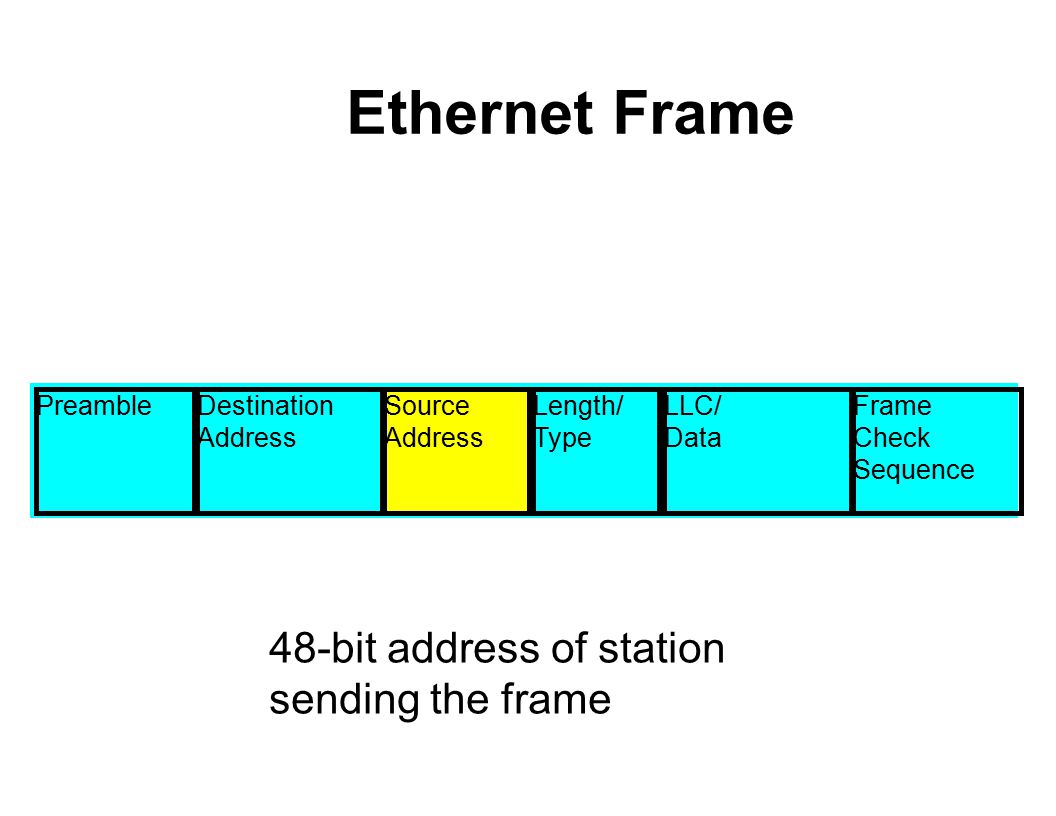 Ethernet Frame PreambleDestination Address Source Address Length/ Type LLC/ Data Frame Check Sequence 48-bit address of station sending the frame