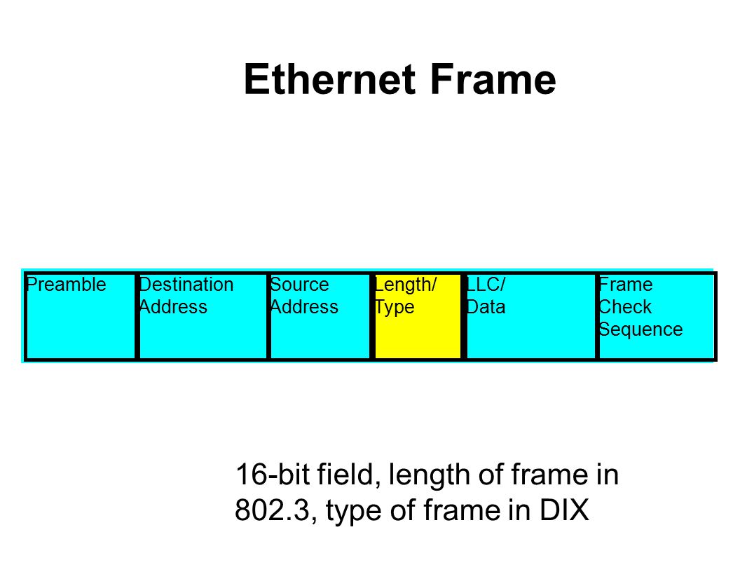 Ethernet Frame PreambleDestination Address Source Address Length/ Type LLC/ Data Frame Check Sequence 16-bit field, length of frame in 802.3, type of frame in DIX