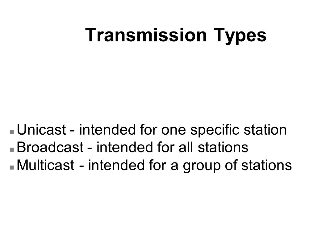 Transmission Types n Unicast - intended for one specific station n Broadcast - intended for all stations n Multicast - intended for a group of stations