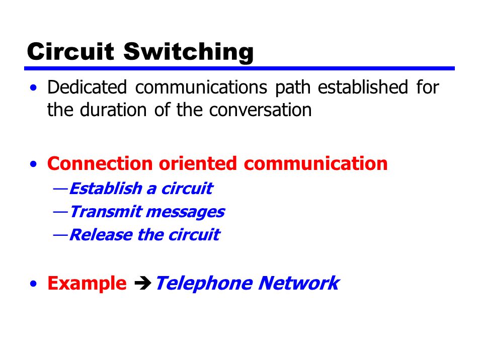 Circuit Switching Dedicated communications path established for the duration of the conversation Connection oriented communication —Establish a circuit —Transmit messages —Release the circuit Example  Telephone Network