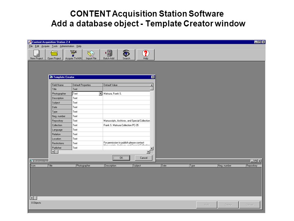 CONTENT Acquisition Station Software Add a database object - Template Creator window