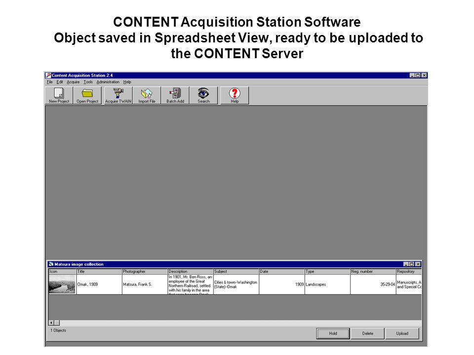 CONTENT Acquisition Station Software Object saved in Spreadsheet View, ready to be uploaded to the CONTENT Server