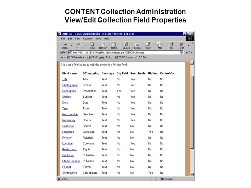CONTENT Collection Administration View/Edit Collection Field Properties