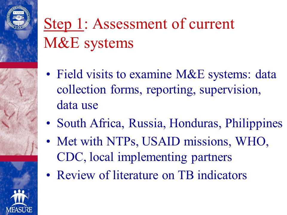 Step 1: Assessment of current M&E systems Field visits to examine M&E systems: data collection forms, reporting, supervision, data use South Africa, Russia, Honduras, Philippines Met with NTPs, USAID missions, WHO, CDC, local implementing partners Review of literature on TB indicators