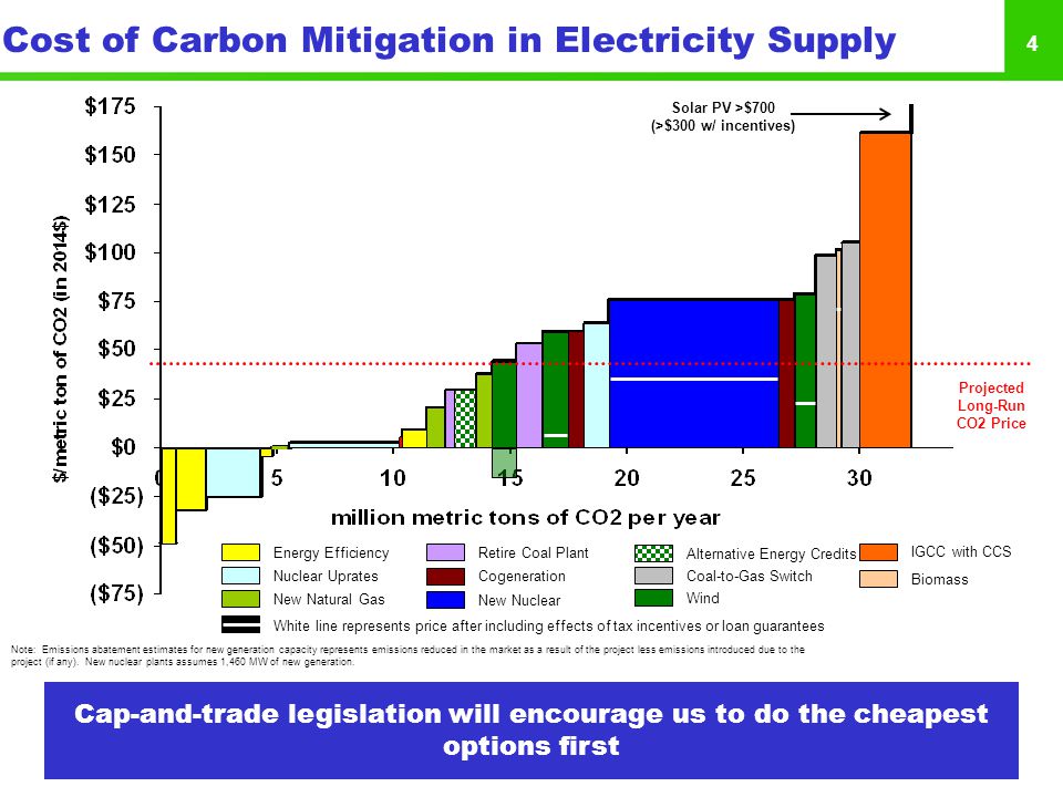 4 Cost of Carbon Mitigation in Electricity Supply Energy Efficiency Nuclear Uprates New Natural Gas Retire Coal Plant Cogeneration New Nuclear Alternative Energy Credits Coal-to-Gas Switch IGCC with CCS Biomass Wind White line represents price after including effects of tax incentives or loan guarantees Solar PV >$700 (>$300 w/ incentives) Projected Long-Run CO2 Price Note: Emissions abatement estimates for new generation capacity represents emissions reduced in the market as a result of the project less emissions introduced due to the project (if any).