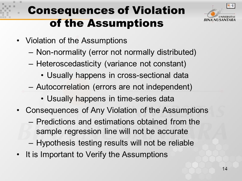 14 Consequences of Violation of the Assumptions Violation of the Assumptions –Non-normality (error not normally distributed) –Heteroscedasticity (variance not constant) Usually happens in cross-sectional data –Autocorrelation (errors are not independent) Usually happens in time-series data Consequences of Any Violation of the Assumptions –Predictions and estimations obtained from the sample regression line will not be accurate –Hypothesis testing results will not be reliable It is Important to Verify the Assumptions
