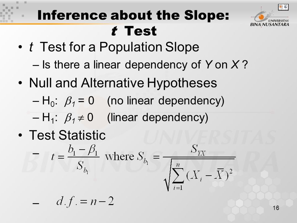 16 Inference about the Slope: t Test t Test for a Population Slope –Is there a linear dependency of Y on X .