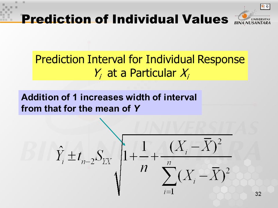 32 Prediction of Individual Values Prediction Interval for Individual Response Y i at a Particular X i Addition of 1 increases width of interval from that for the mean of Y