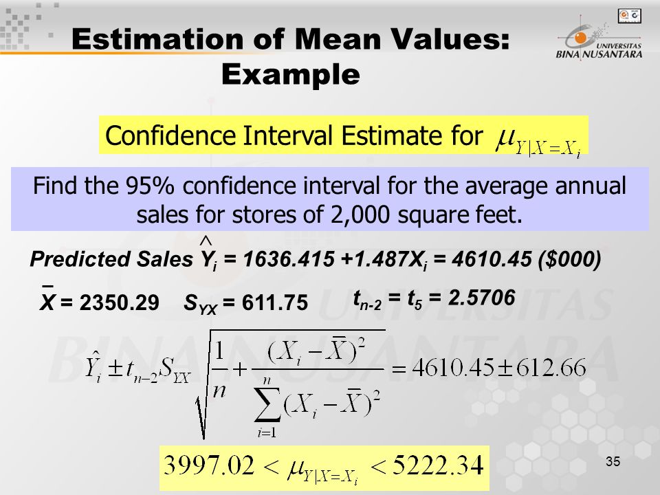 35 Estimation of Mean Values: Example Find the 95% confidence interval for the average annual sales for stores of 2,000 square feet.
