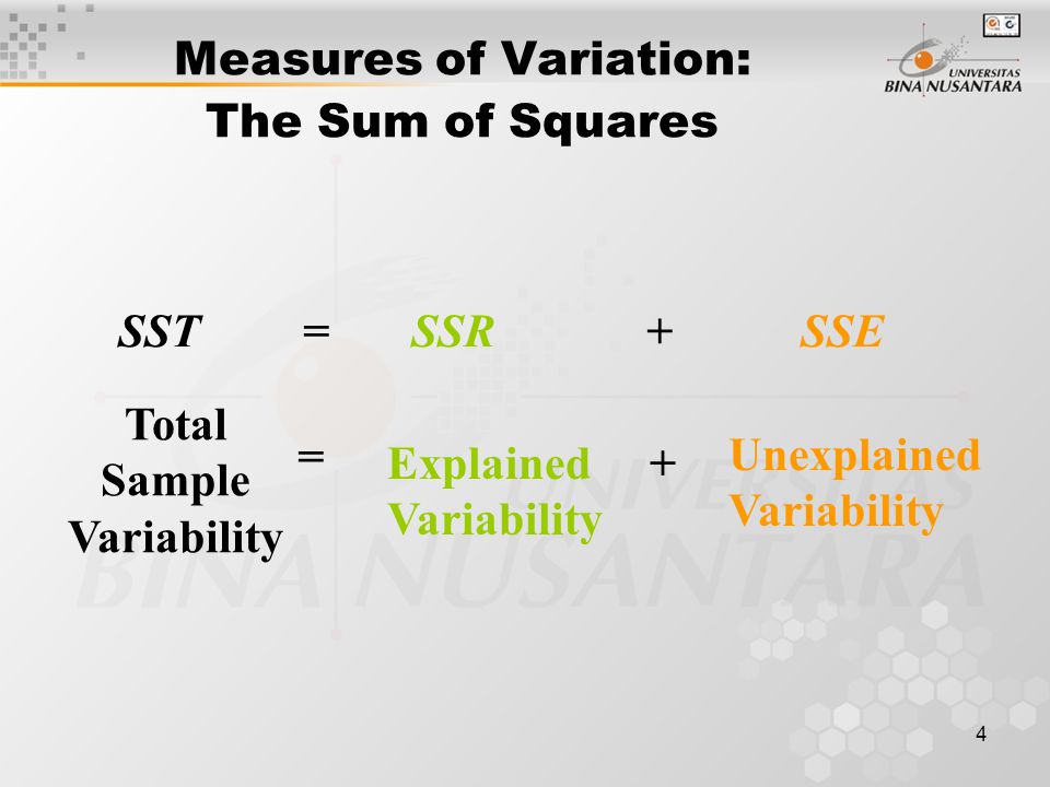 4 Measures of Variation: The Sum of Squares SST = SSR + SSE Total Sample Variability = Explained Variability + Unexplained Variability