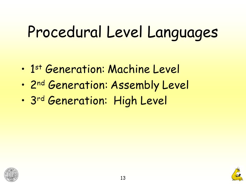 13 1 st Generation: Machine Level 2 nd Generation: Assembly Level 3 rd Generation: High Level Procedural Level Languages