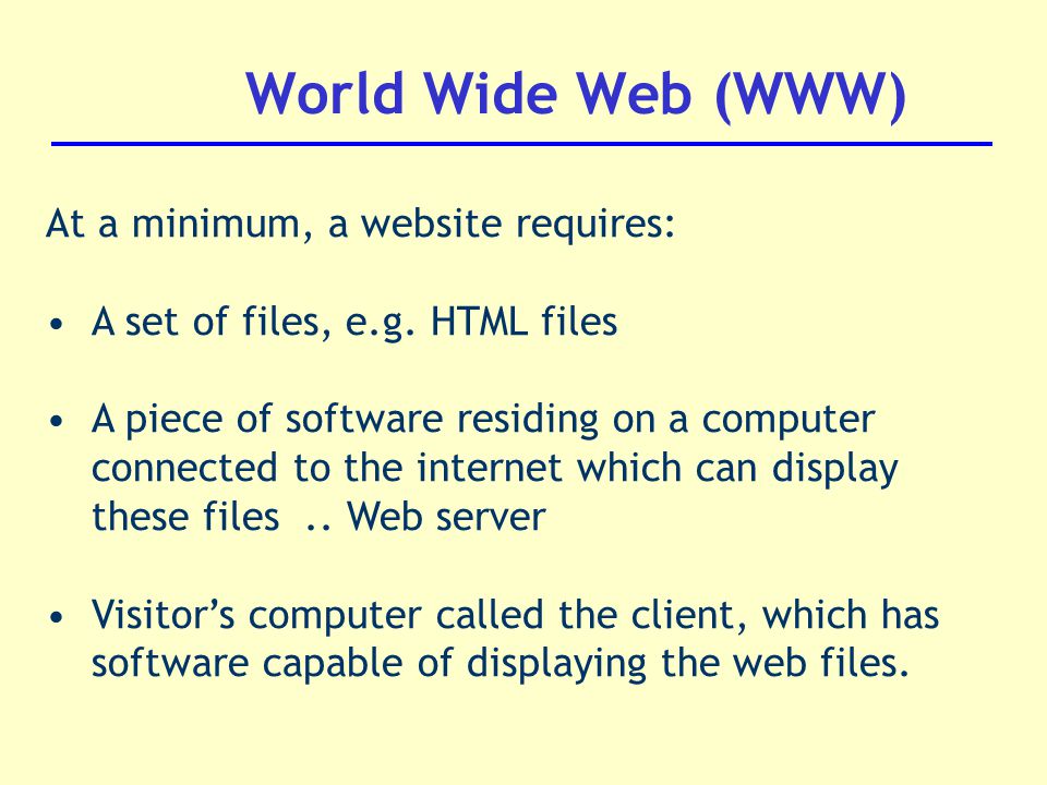 World Wide Web (WWW) At a minimum, a website requires: A set of files, e.g.