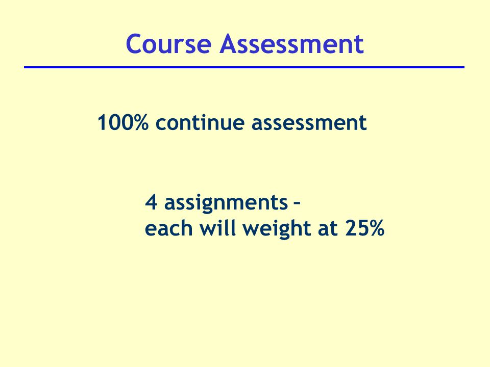 Course Assessment 100% continue assessment 4 assignments – each will weight at 25%
