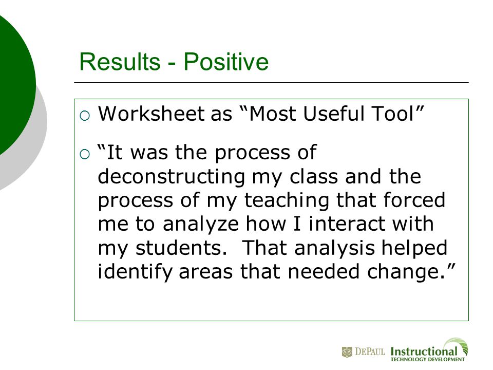 Results - Positive  Worksheet as Most Useful Tool  It was the process of deconstructing my class and the process of my teaching that forced me to analyze how I interact with my students.