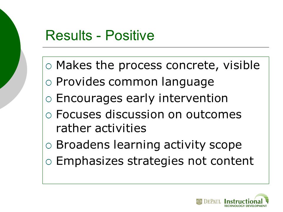 Results - Positive  Makes the process concrete, visible  Provides common language  Encourages early intervention  Focuses discussion on outcomes rather activities  Broadens learning activity scope  Emphasizes strategies not content