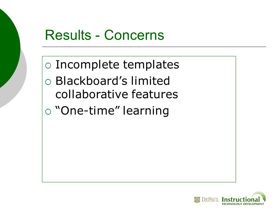 Results - Concerns  Incomplete templates  Blackboard’s limited collaborative features  One-time learning
