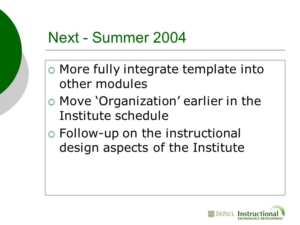 Next - Summer 2004  More fully integrate template into other modules  Move ‘Organization’ earlier in the Institute schedule  Follow-up on the instructional design aspects of the Institute