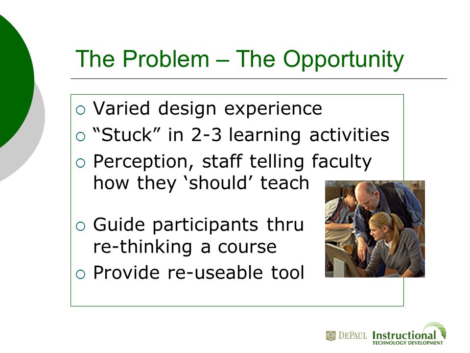 The Problem – The Opportunity  Varied design experience  Stuck in 2-3 learning activities  Perception, staff telling faculty how they ‘should’ teach  Guide participants thru re-thinking a course  Provide re-useable tool