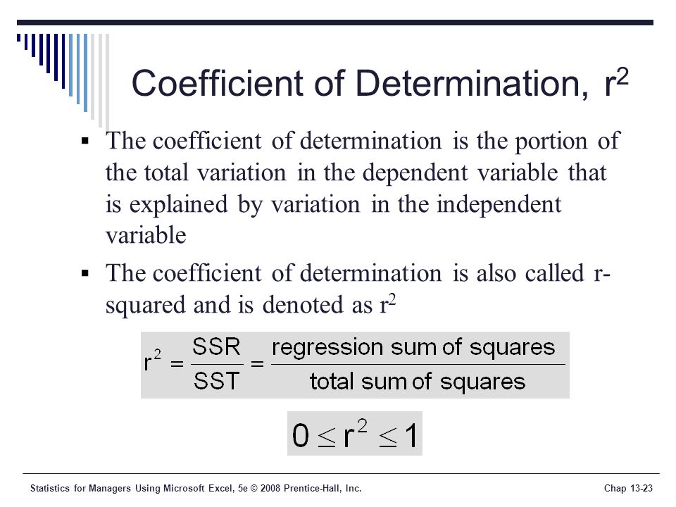 Statistics for Managers Using Microsoft Excel, 5e © 2008 Prentice-Hall, Inc.Chap Coefficient of Determination, r 2  The coefficient of determination is the portion of the total variation in the dependent variable that is explained by variation in the independent variable  The coefficient of determination is also called r- squared and is denoted as r 2