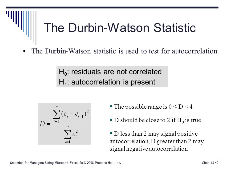 Statistics for Managers Using Microsoft Excel, 5e © 2008 Prentice-Hall, Inc.Chap The Durbin-Watson Statistic  The possible range is 0 ≤ D ≤ 4  D should be close to 2 if H 0 is true  D less than 2 may signal positive autocorrelation, D greater than 2 may signal negative autocorrelation  The Durbin-Watson statistic is used to test for autocorrelation H 0 : residuals are not correlated H 1 : autocorrelation is present
