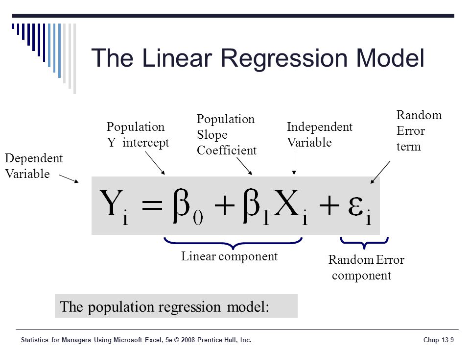 Statistics for Managers Using Microsoft Excel, 5e © 2008 Prentice-Hall, Inc.Chap 13-9 The Linear Regression Model Linear component The population regression model: Population Y intercept Population Slope Coefficient Random Error term Dependent Variable Independent Variable Random Error component