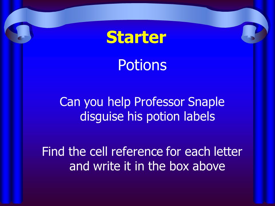 Starter Potions Can you help Professor Snaple disguise his potion labels Find the cell reference for each letter and write it in the box above
