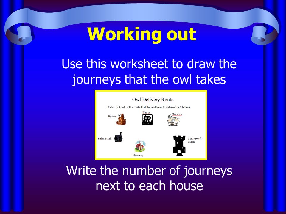 Working out Use this worksheet to draw the journeys that the owl takes Write the number of journeys next to each house