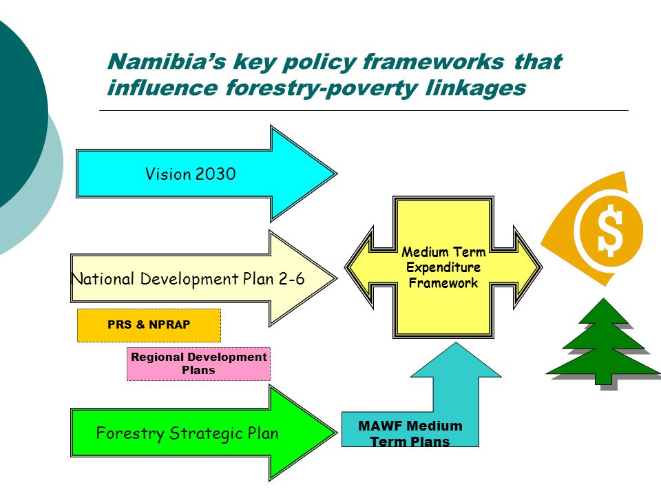 Namibia’s key policy frameworks that influence forestry-poverty linkages National Development Plan 2-6 Vision 2030 Forestry Strategic Plan Medium Term Expenditure Framework MAWF Medium Term Plans PRS & NPRAP Regional Development Plans