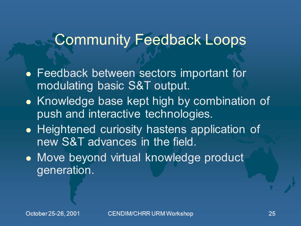 October 25-26, 2001CENDIM/CHRR URM Workshop25 Community Feedback Loops l Feedback between sectors important for modulating basic S&T output.