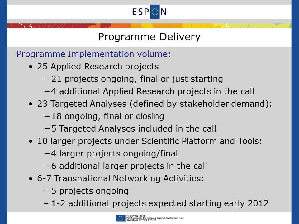 Programme Delivery Programme Implementation volume: 25 Applied Research projects −21 projects ongoing, final or just starting −4 additional Applied Research projects in the call 23 Targeted Analyses (defined by stakeholder demand): −18 ongoing, final or closing −5 Targeted Analyses included in the call 10 larger projects under Scientific Platform and Tools: −4 larger projects ongoing/final −6 additional larger projects in the call 6-7 Transnational Networking Activities: –5 projects ongoing –1-2 additional projects expected starting early 2012
