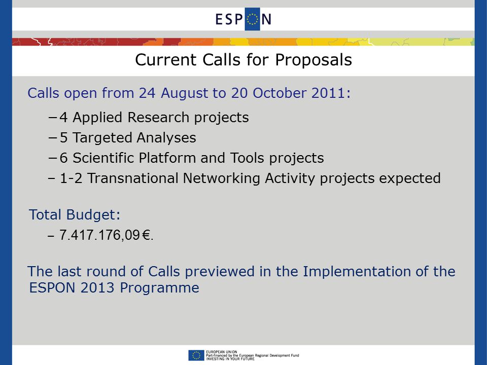 Current Calls for Proposals Calls open from 24 August to 20 October 2011: −4 Applied Research projects −5 Targeted Analyses −6 Scientific Platform and Tools projects –1-2 Transnational Networking Activity projects expected Total Budget: ‒ ,09 €.
