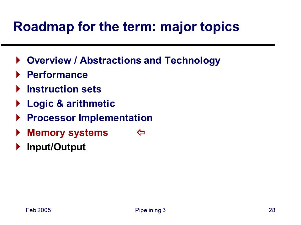 Feb 2005Pipelining 328 Roadmap for the term: major topics  Overview / Abstractions and Technology  Performance  Instruction sets  Logic & arithmetic  Processor Implementation  Memory systems   Input/Output