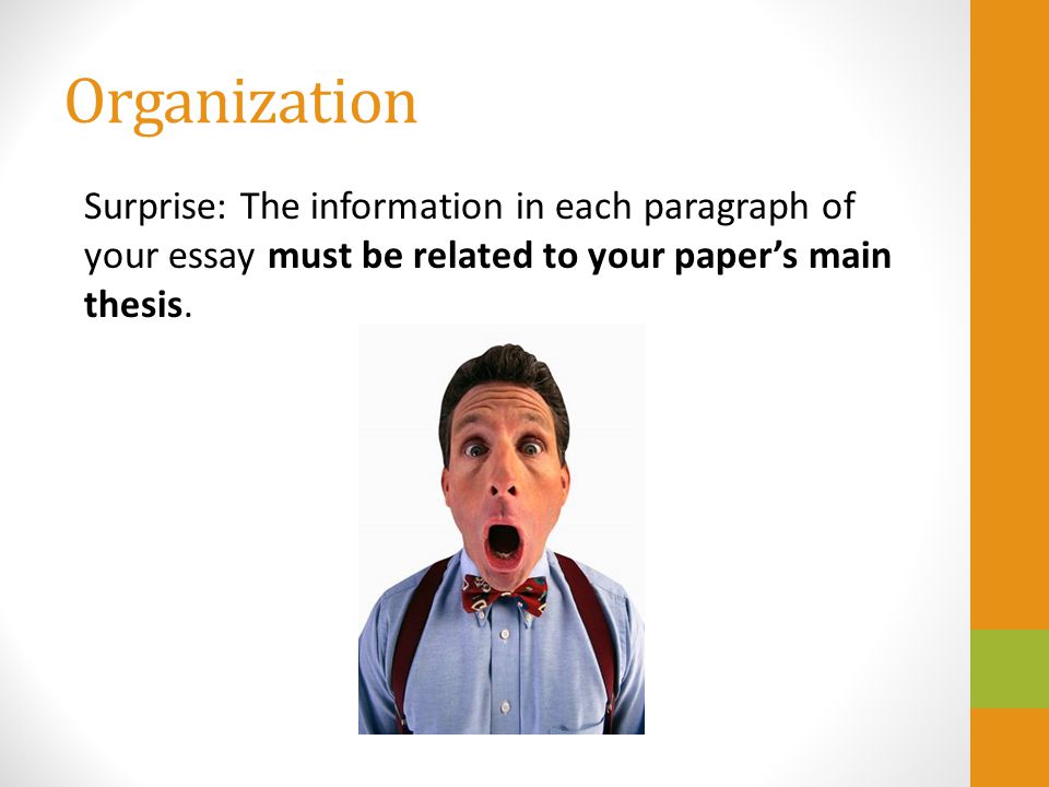 Organization Surprise: The information in each paragraph of your essay must be related to your paper’s main thesis.