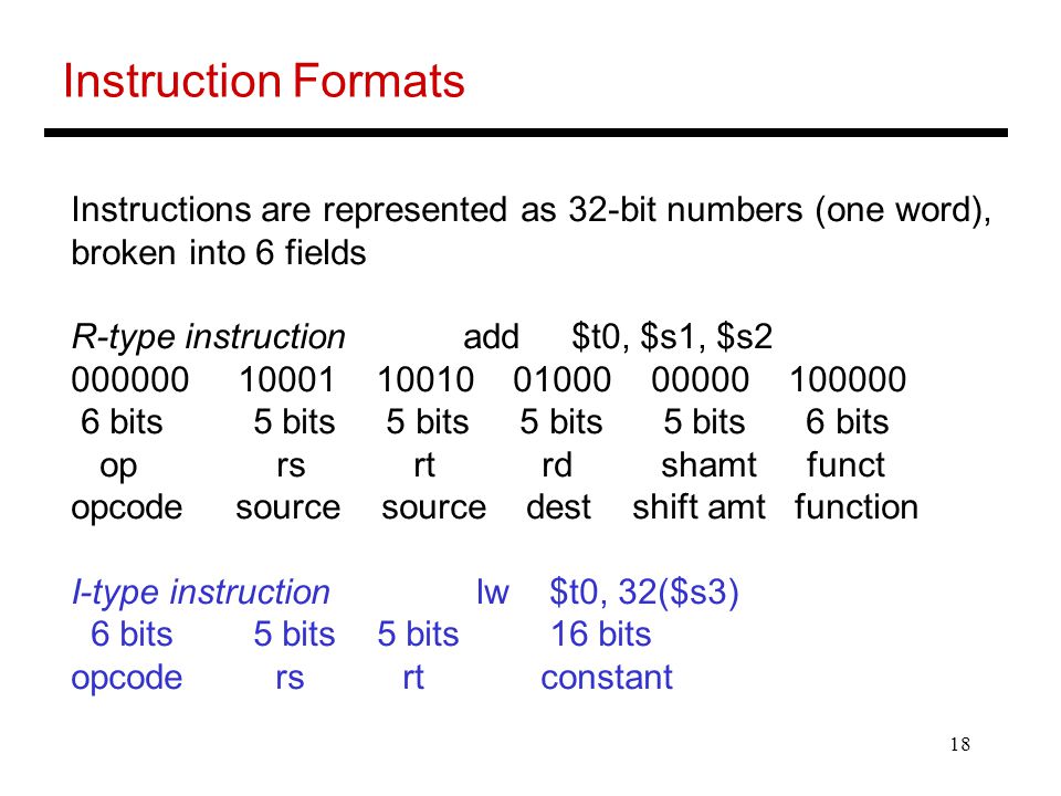 18 Instruction Formats Instructions are represented as 32-bit numbers (one word), broken into 6 fields R-type instruction add $t0, $s1, $s bits 5 bits 5 bits 5 bits 5 bits 6 bits op rs rt rd shamt funct opcode source source dest shift amt function I-type instruction lw $t0, 32($s3) 6 bits 5 bits 5 bits 16 bits opcode rs rt constant