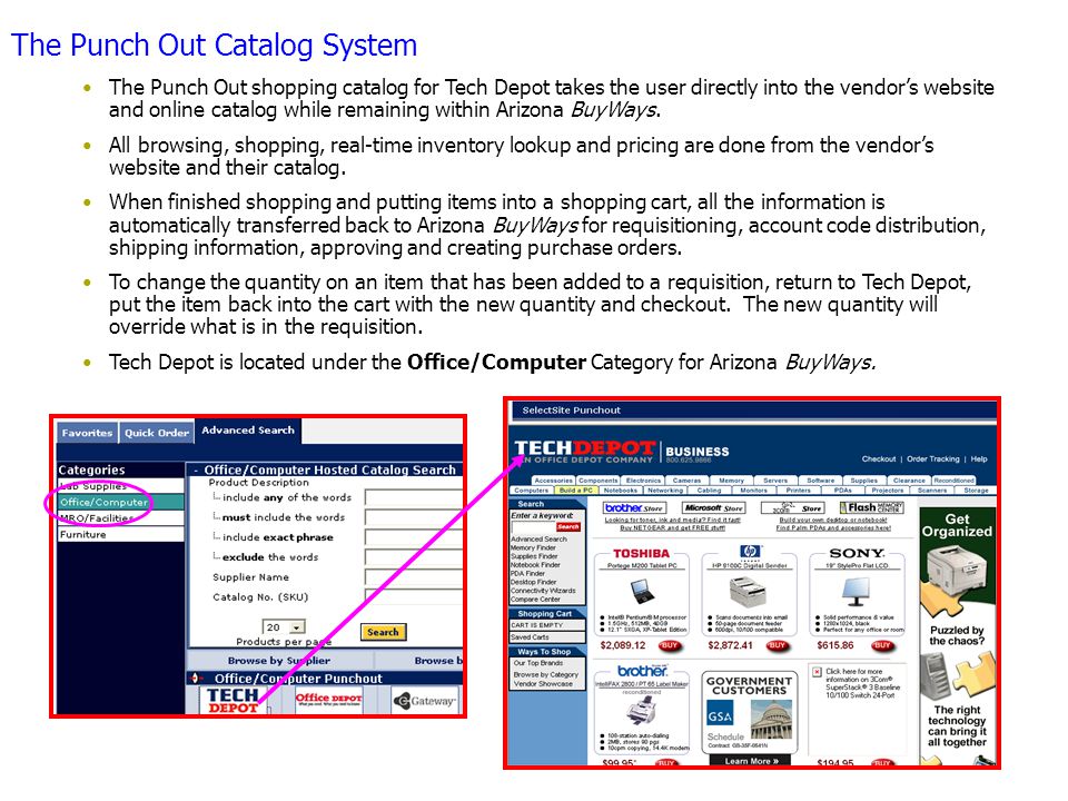 The Punch Out Catalog System The Punch Out shopping catalog for Tech Depot takes the user directly into the vendor’s website and online catalog while remaining within Arizona BuyWays.
