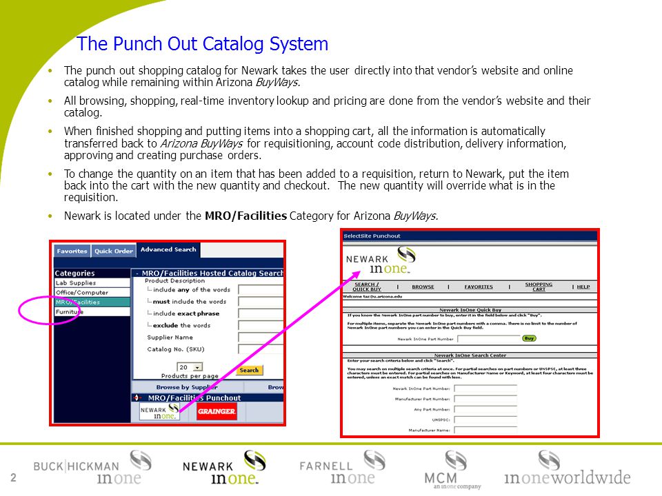 2 The Punch Out Catalog System The punch out shopping catalog for Newark takes the user directly into that vendor’s website and online catalog while remaining within Arizona BuyWays.