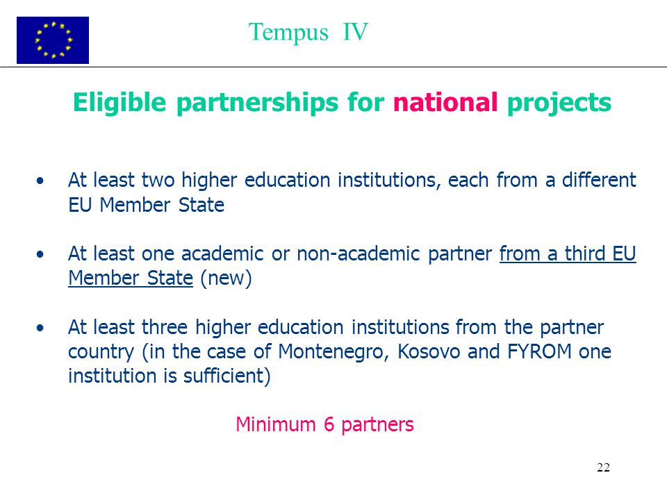 22 Eligible partnerships for national projects At least two higher education institutions, each from a different EU Member State At least one academic or non-academic partner from a third EU Member State (new) At least three higher education institutions from the partner country (in the case of Montenegro, Kosovo and FYROM one institution is sufficient) Minimum 6 partners Tempus IV