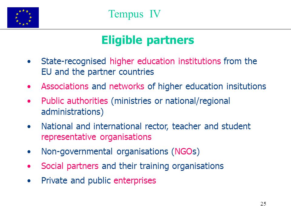 25 Eligible partners State-recognised higher education institutions from the EU and the partner countries Associations and networks of higher education insitutions Public authorities (ministries or national/regional administrations) National and international rector, teacher and student representative organisations Non-governmental organisations (NGOs) Social partners and their training organisations Private and public enterprises Tempus IV