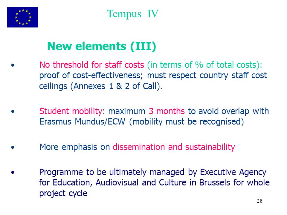 28 New elements (III) No threshold for staff costs (in terms of % of total costs): proof of cost-effectiveness; must respect country staff cost ceilings (Annexes 1 & 2 of Call).