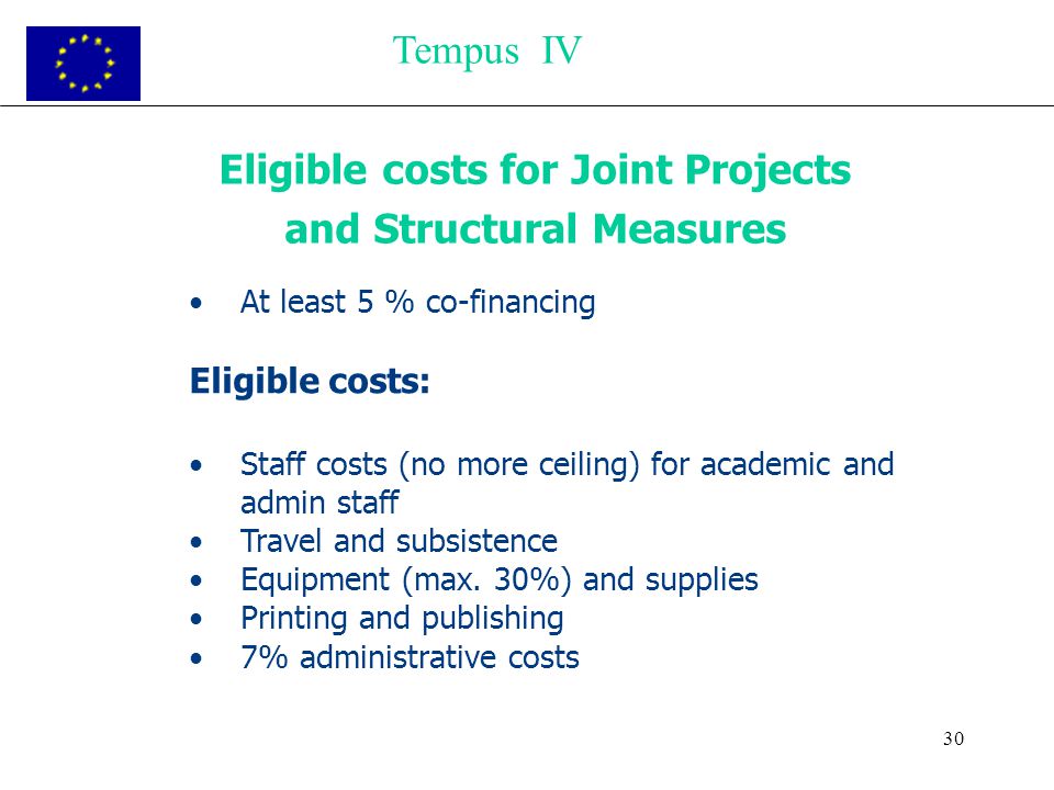 30 Eligible costs for Joint Projects and Structural Measures At least 5 % co-financing Eligible costs: Staff costs (no more ceiling) for academic and admin staff Travel and subsistence Equipment (max.