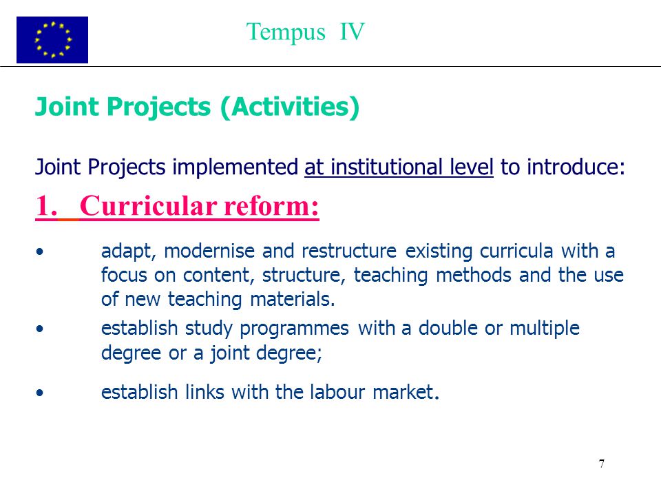 7 Joint Projects (Activities) Joint Projects implemented at institutional level to introduce: 1.