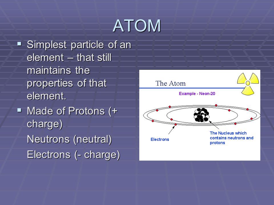 ATOM  Simplest particle of an element – that still maintains the properties of that element.