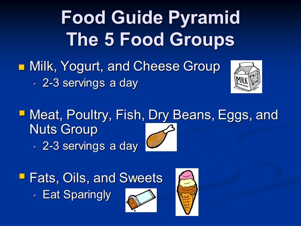 Food Guide Pyramid The 5 Food Groups Bread, Cereal, Rice, and Pasta Group Bread, Cereal, Rice, and Pasta Group 6-11 servings a day 6-11 servings a day Vegetable Group Vegetable Group 3-5 servings a day 3-5 servings a day Fruit Group Fruit Group *2-4 servings a day